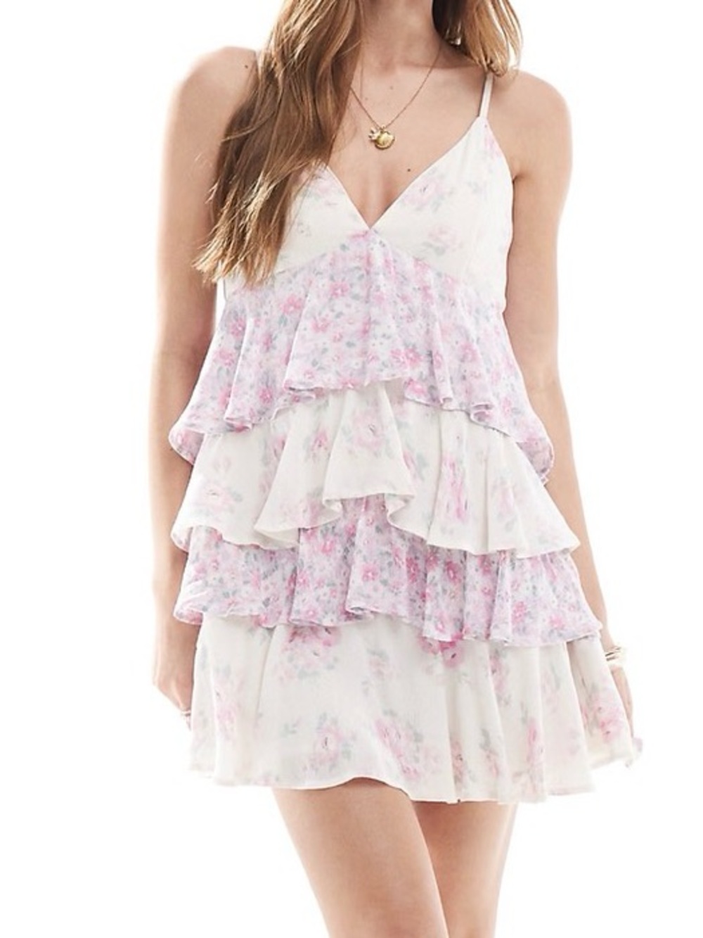 Hollister White & Pink Floral Ruffle Tiered Mini Dress